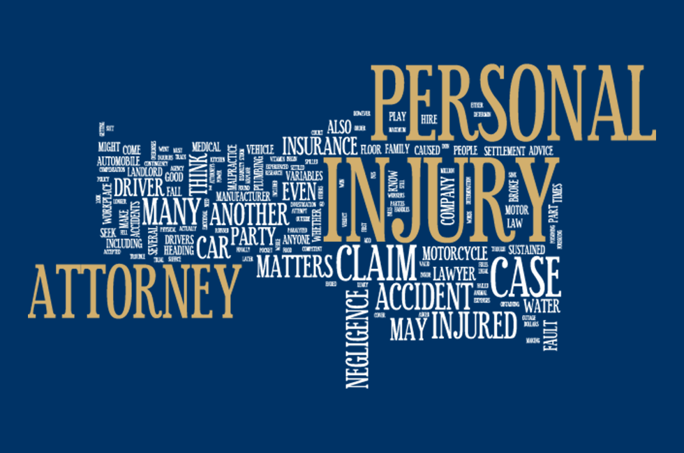 A word cloud for Personal Injury Attorney on a blue backdrop