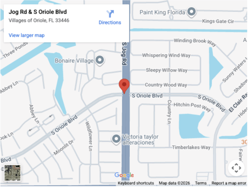 A google Map image showing the dangerous intersection in Delray Beach au Jog Road and South Oriole Boulevard.