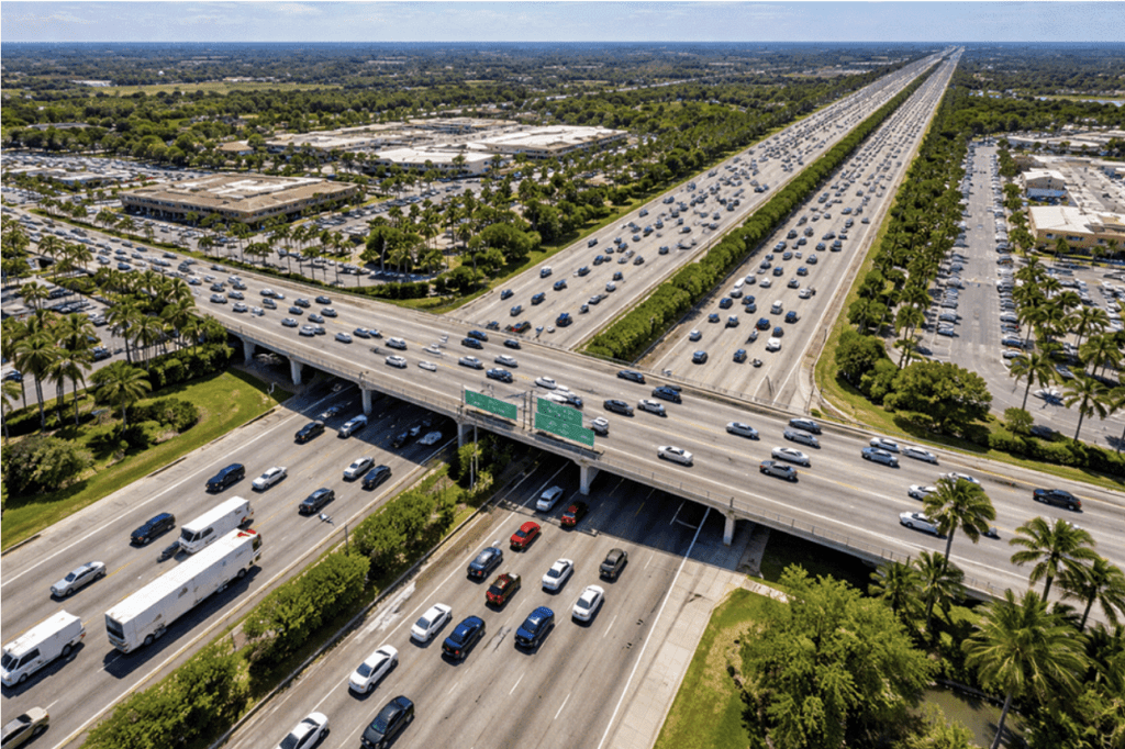 The busy intersection in Delray Beach at Atlantic Avenue and the Florida Turnpike.