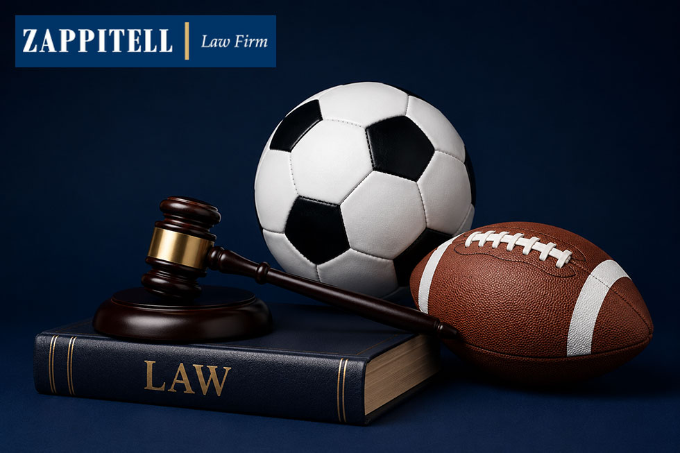 Zappitell Law Firm sports injury law graphic with a soccer ball, football, gavel, and law book.