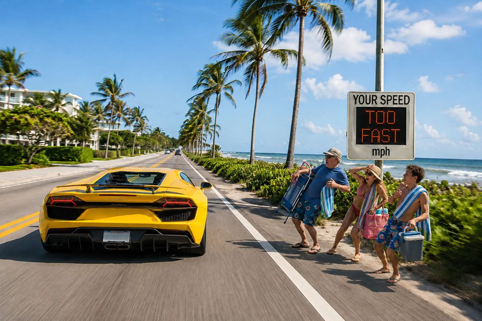 Yellow sports car speeding past beachgoers and a TOO FAST speed sign on a coastal road in Delray Beach.
